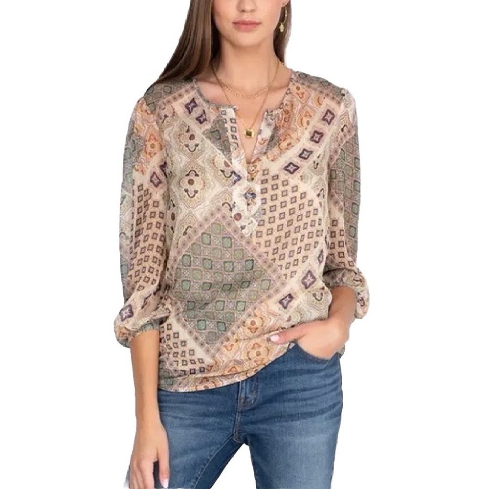 JOHNNY WAS Jade Samahil Semi-Sheer Metallic Peasant Top S